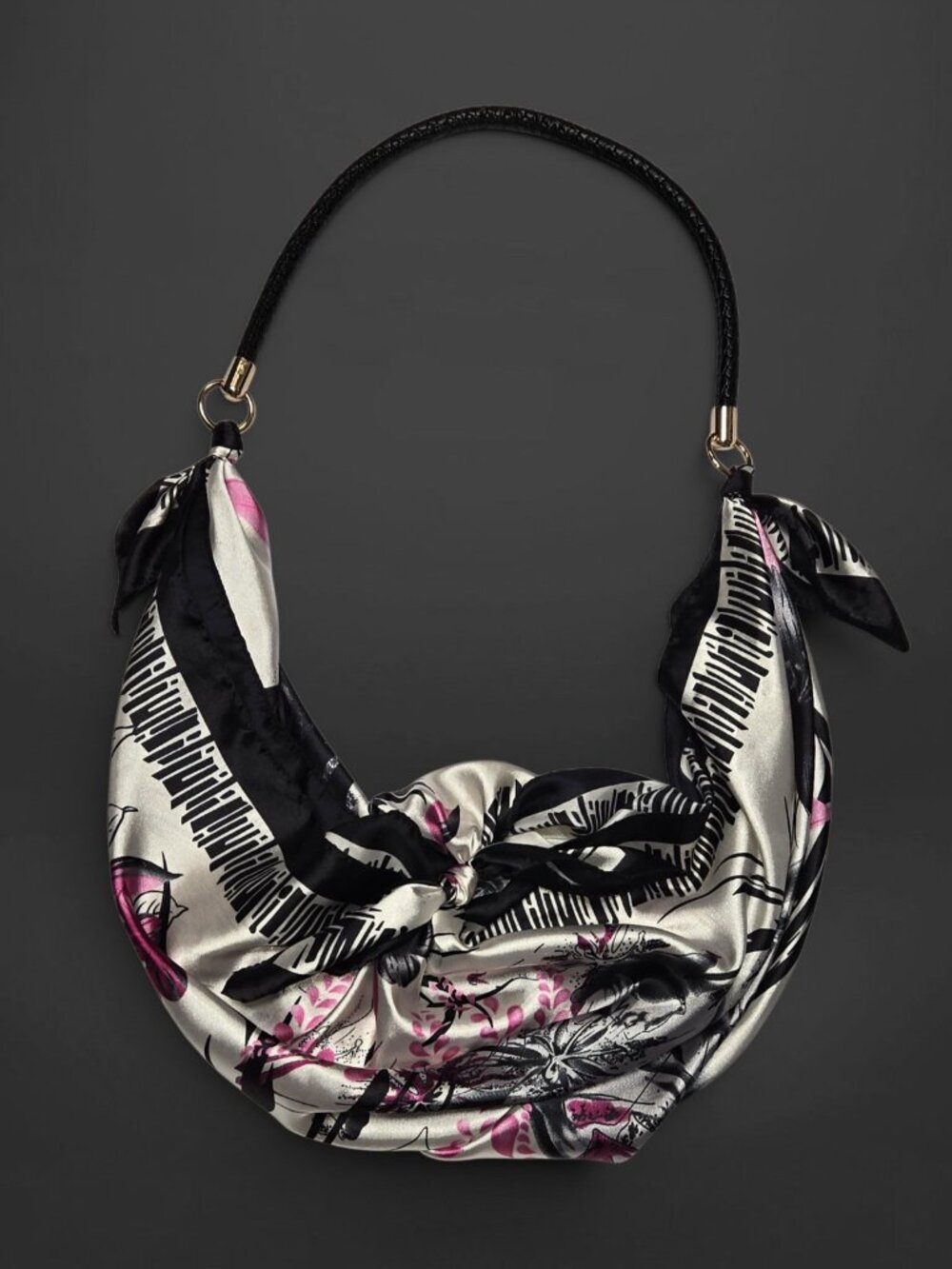 Japanese Furoshiki Scarf Black Pink Floral Slouch Hobo Shoulder Purse